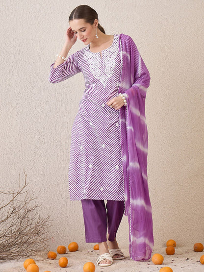 Dhiyona IE Floral Embroidered Round Neck Pure Cotton Straight Kurta With Trousers & Dupatta