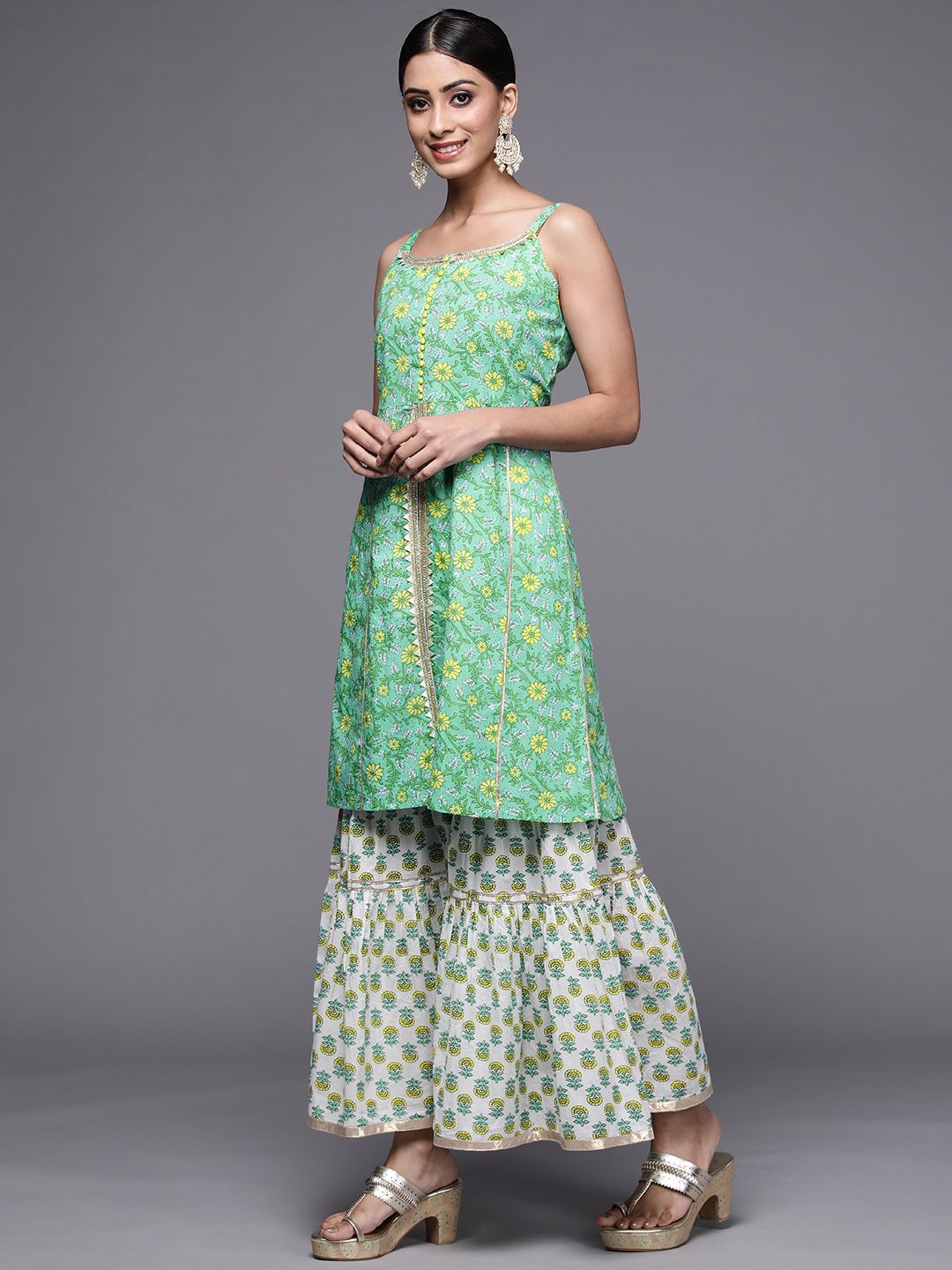 Dhiyona VA Women's Green Floral Printed Pure Cotton Kurti with Sharara