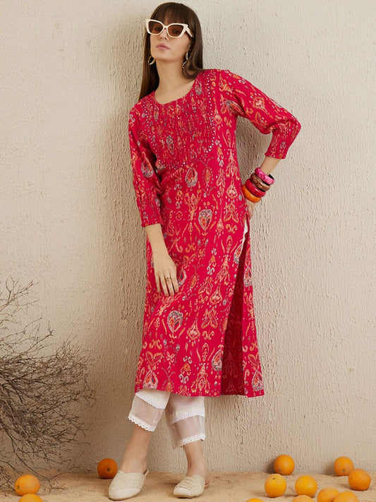 Dhiyona IE Ethnic Motifs Printed Round Neck Thread Work Straight Kurta
