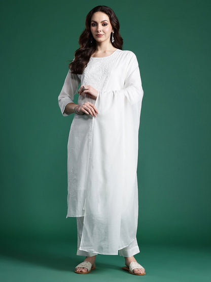 Dhiyona IE Women Floral Embroidered Regular Thread Work Pure Cotton Kurta with Trousers & With Dupatta