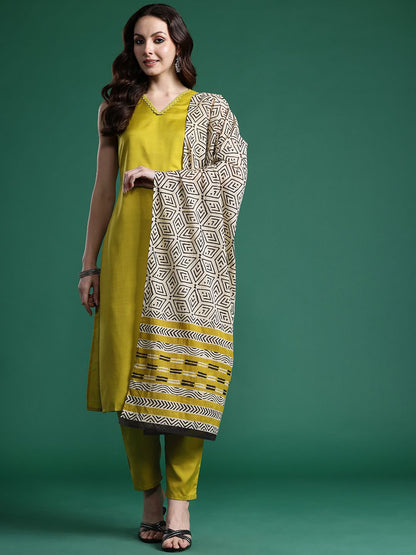 Solid Regular Kurta with Trousers & Dupatta