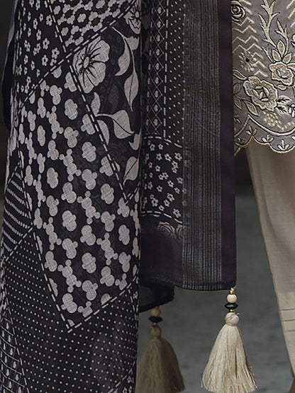 Dhiyona IE Cream-Coloured & Black Floral Embroidered Thread Work Linen Kurta Set