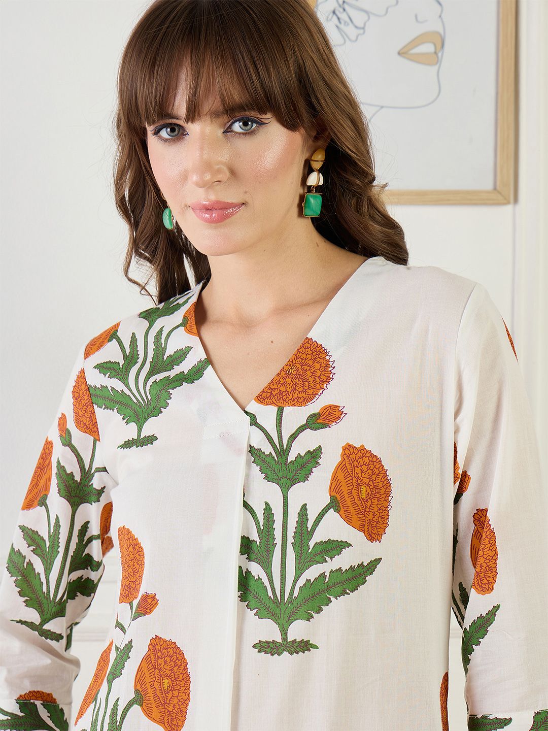 Dhiyona IE Floral Printed A-Line Pure Cotton Kurta With Trouser