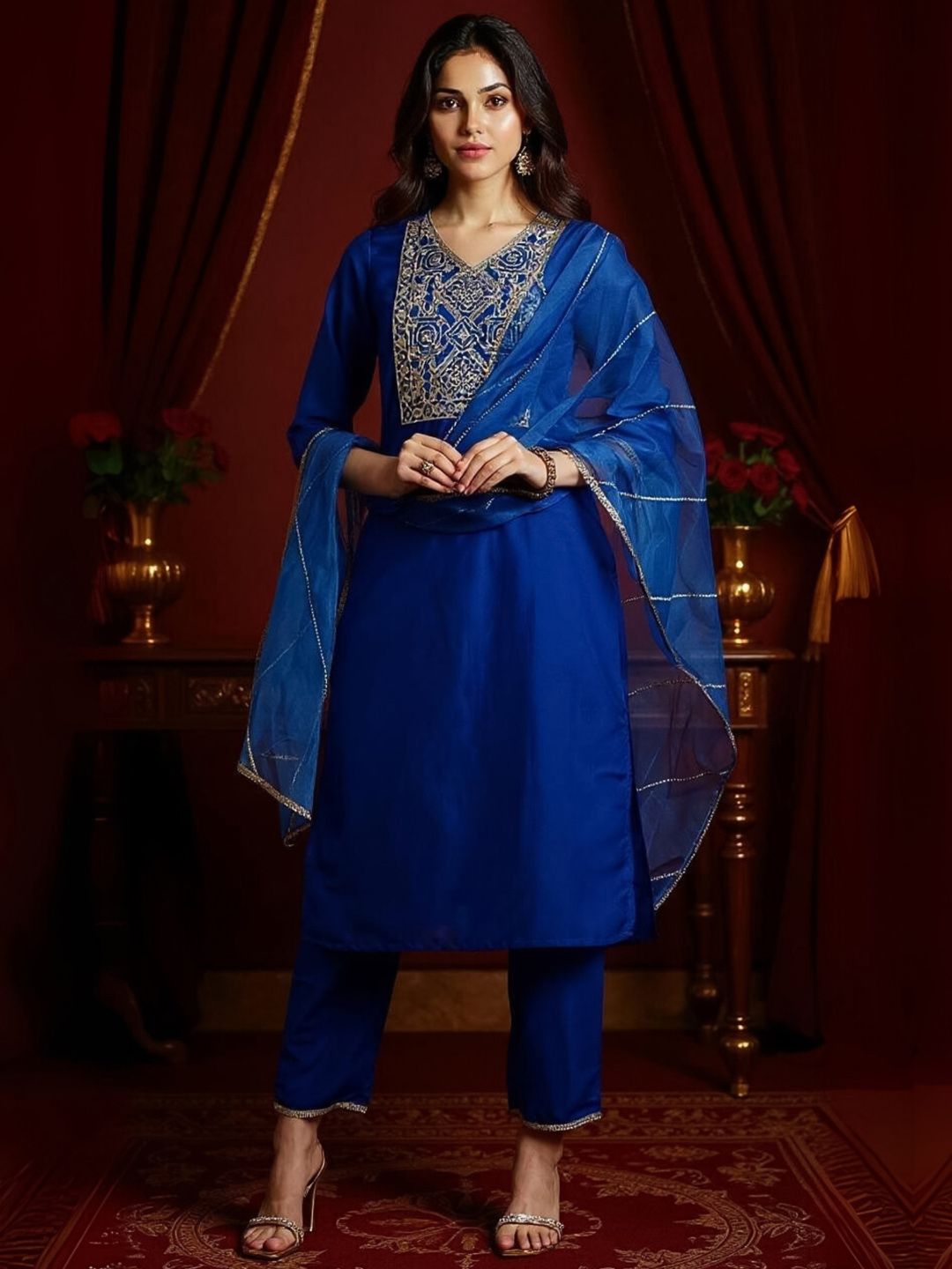 Dhiyona IE Yoke Design Zardozi Kurta With Trousers & Dupatta