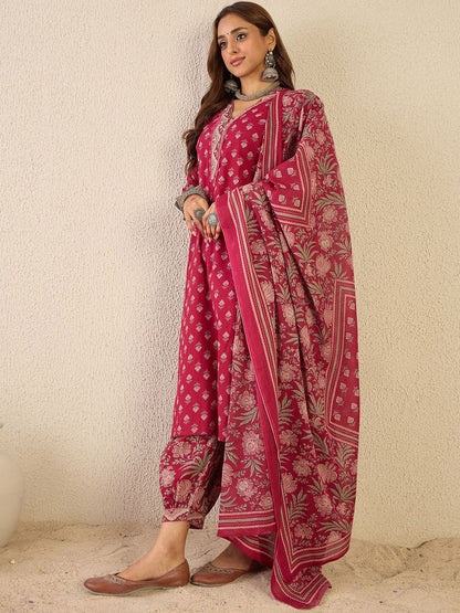 Dhiyona IE Women Floral Printed Regular V-Neck Kurta with Salwar & Dupatta