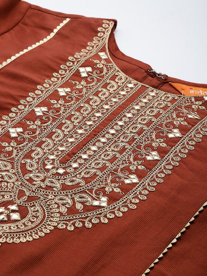 Dhiyona IE Ethnic Motifs Embroidered Liva Kurta with Trousers & With Dupatta