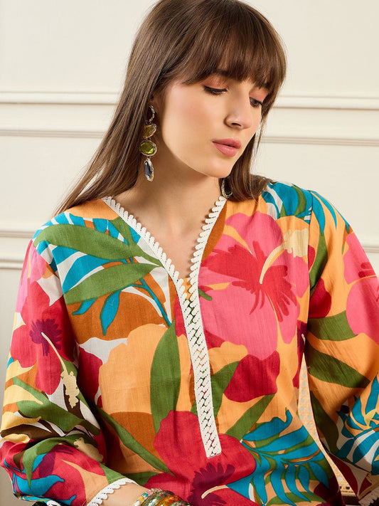 Dhiyona IE Floral Printed V-Neck Pure Cotton Tunic With Trouser