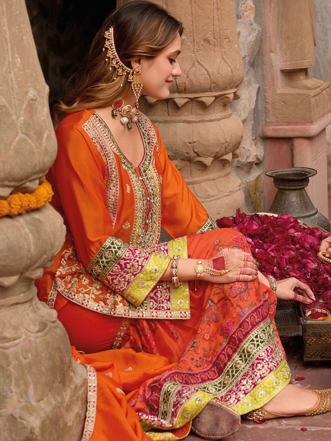 Dhiyona IE Floral Embroidered Sequinned Chinon Straight Kurta With Sharara & Dupatta