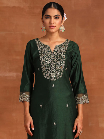 Floral Embroidered Thread Work Liva Kurta with Trousers & Dupatta