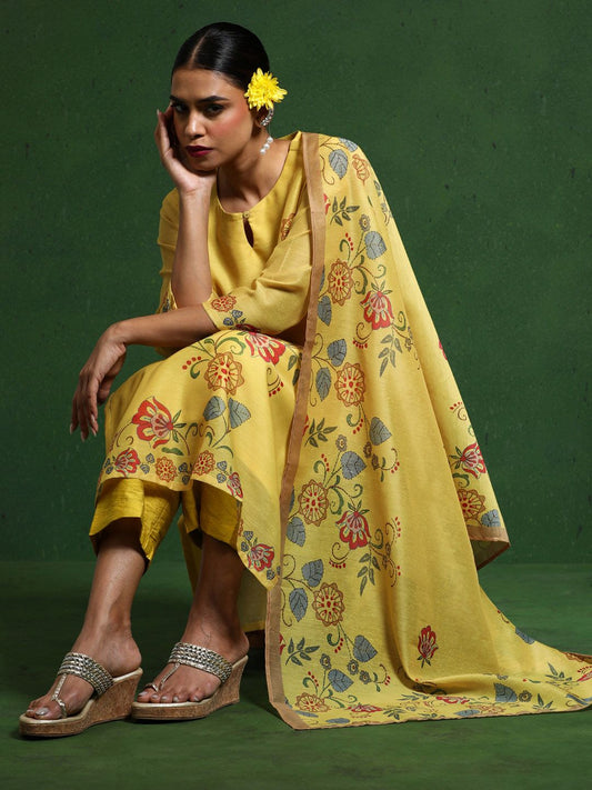 Dhiyona VA Women'sFloral Embroidered Sequinned Chanderi Silk Kurta with Trousers & Dupatta