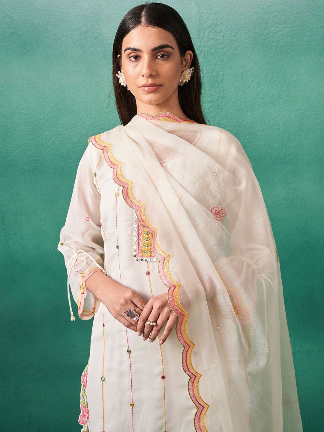 Dhiyona IE Women Floral Embroidered Regular Mirror Work Kurta with Trousers & Dupatta