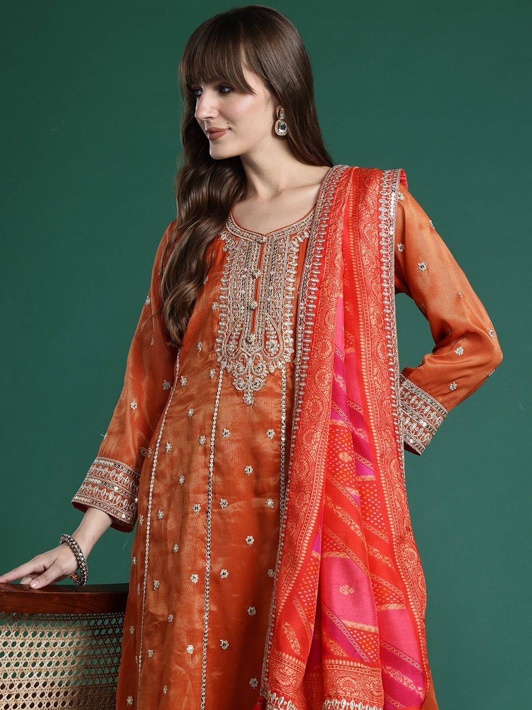 Dhiyona IE Ethnic Motifs Embroidered Sequinned Kurta with Trousers & With Dupatta