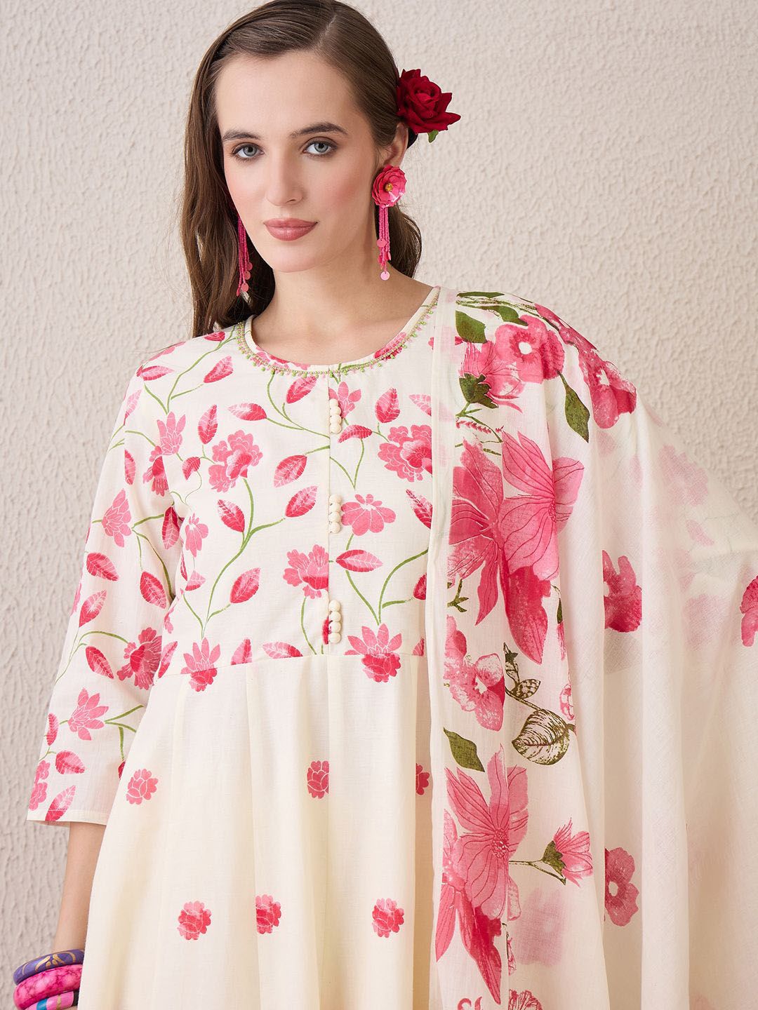 Dhiyona IE Floral Printed Beads & Stones Pure Cotton A-Line Kurta With Trousers & Dupatta