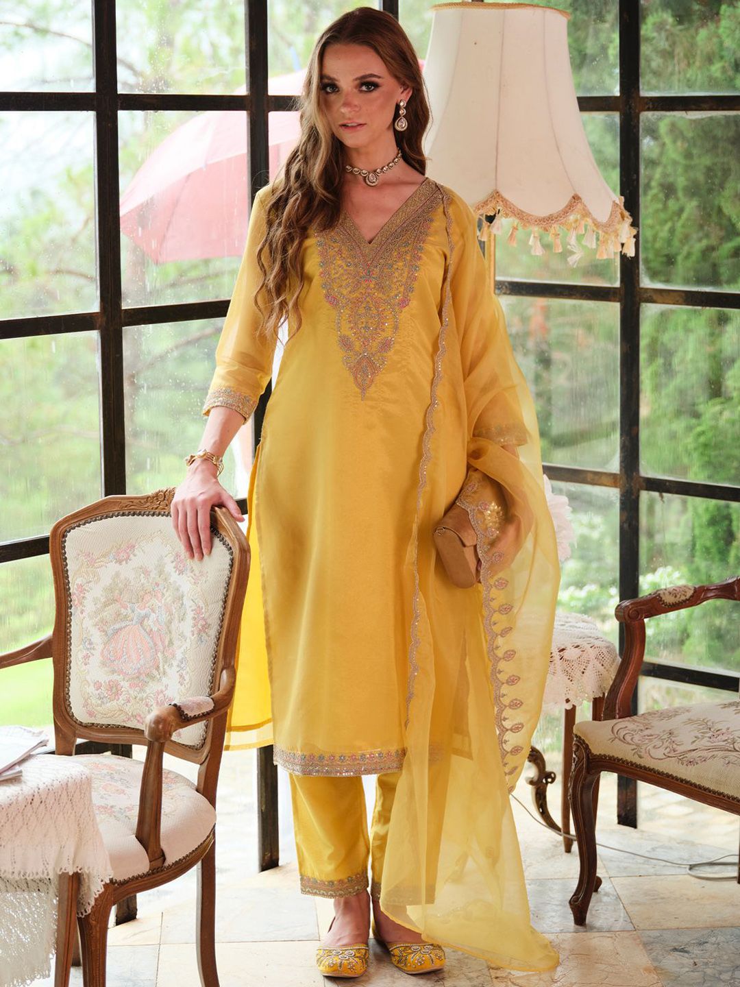 Dhiyona IE Floral Yoke Design Sequnnied Straight Kurta With Trousers & Dupatta