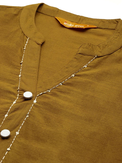 Floral Embroidered Thread Work Pure Cotton Kurta with Trousers