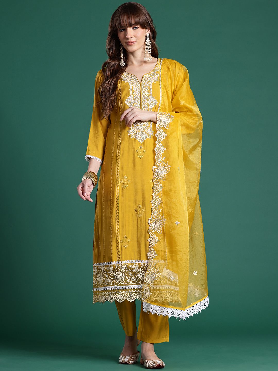 Floral Embroidered Thread Work Kurta With Trousers & Dupatta