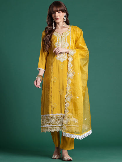 Floral Embroidered Thread Work Kurta With Trousers & Dupatta