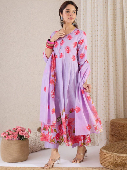 Women Floral Printed Cotton Kurta with Trousers & Dupatta