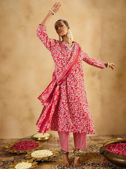 Dhiyona IE Red Floral Printed V-Neck Thread Work Straight Kurta With Trousers & Dupatta