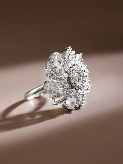 Dhiyona RJ Women's Rhodium-Plated Cubic Zirconia Studded Swirl Design Adjustable Finger Ring