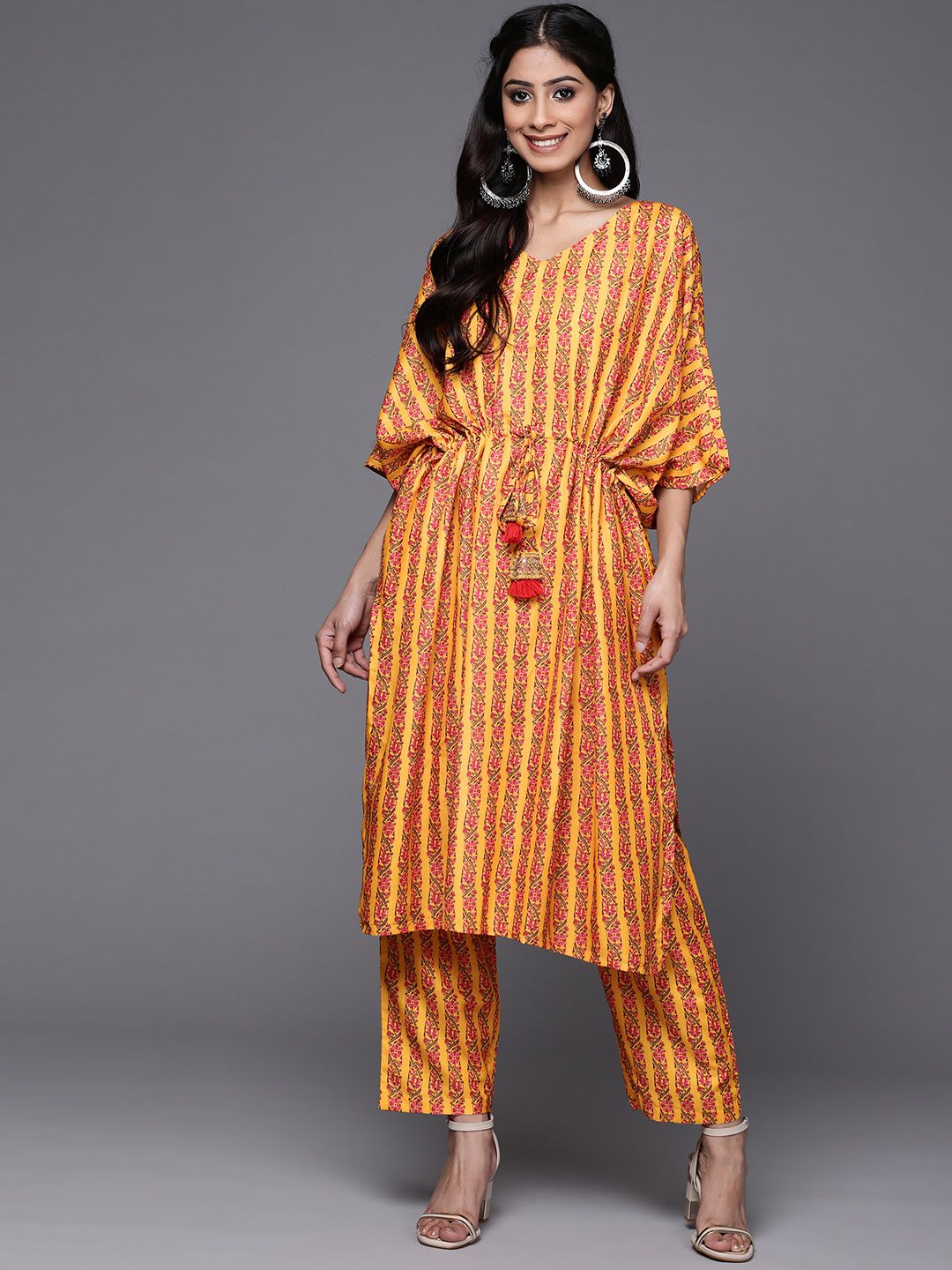Dhiyona VA Women's Mustard Yellow & Pink Ethnic Motifs Printed Pure Cotton Kurta with Trousers