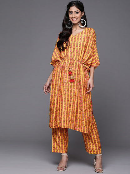 Dhiyona VA Women's Mustard Yellow & Pink Ethnic Motifs Printed Pure Cotton Kurta with Trousers