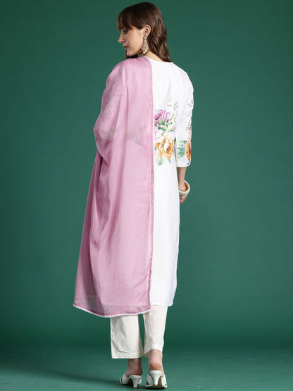 Dhiyona IE Floral Printed Straight Beads and Stones Linen Kurta With Trousers And Dupatta