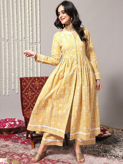 Dhiyona VA Women'sEthnic Motifs Printed A-Line Pure Cotton Kurta with Trousers