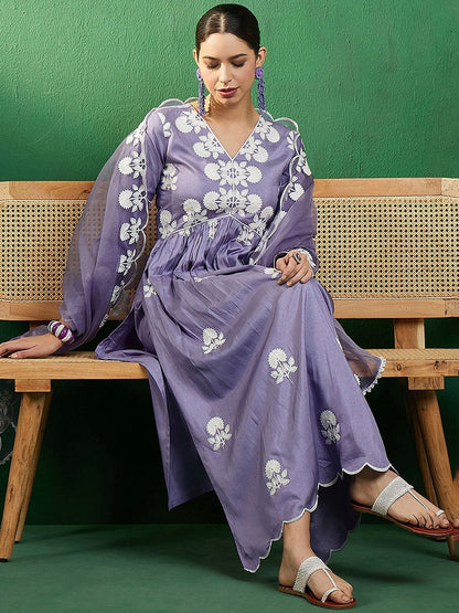 Dhiyona SN Women's Alia Cut Embroidered A-Line Kurta With Trouser & Dupatta