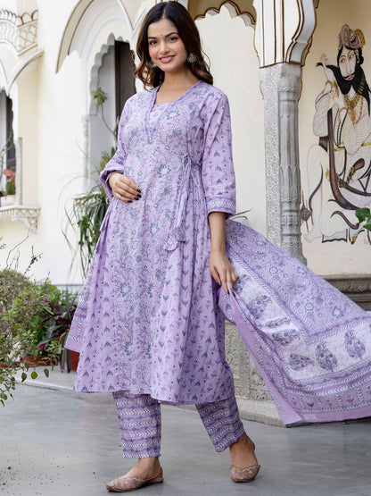 Dhiyona IE Floral Printed Panelled Square Neck Pure Cotton Kurta With Trousers & Dupatta