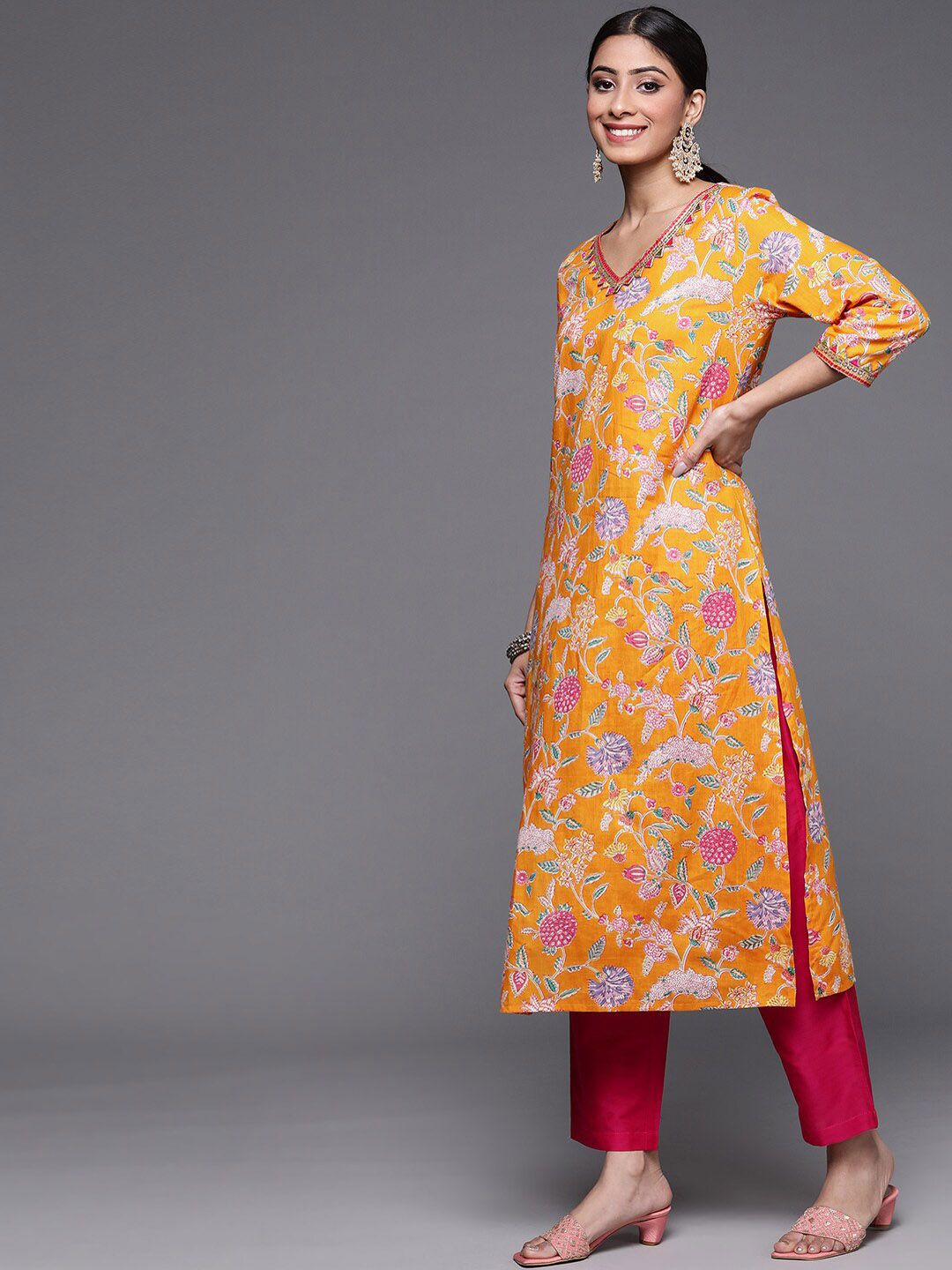 Dhiyona VA Women's Yellow Printed Pure Cotton Kurta with Trousers & With Dupatta