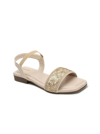 Dhiyona AK Cream-Colourblocked & Gold-Toned Embroidered Open Toe Flats