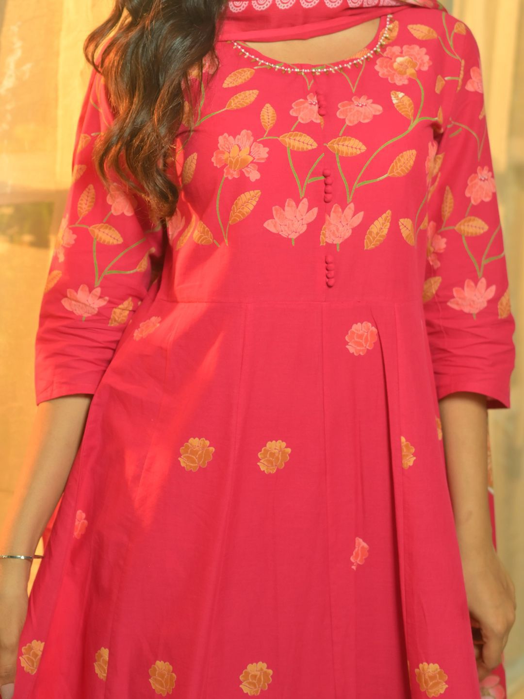 Dhiyona IE Women Floral Printed Cotton Kurta with Pyjama & Dupatta