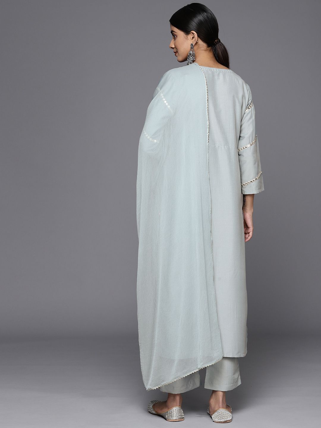 Dhiyona VA Women'sEmbroidered Empire Mirror Work Kurta With Trousers & With Dupatta