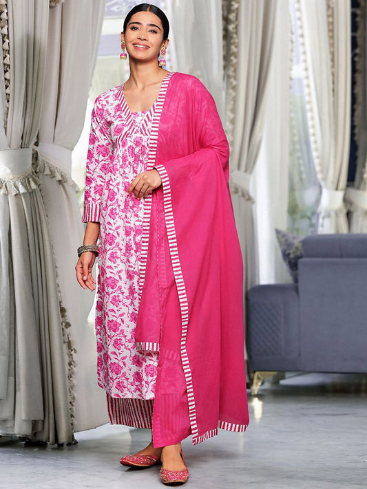 Dhiyona VA Women'sPink Floral Printed Thread Work Pure Cotton Kurta With Palazzos & Dupatta