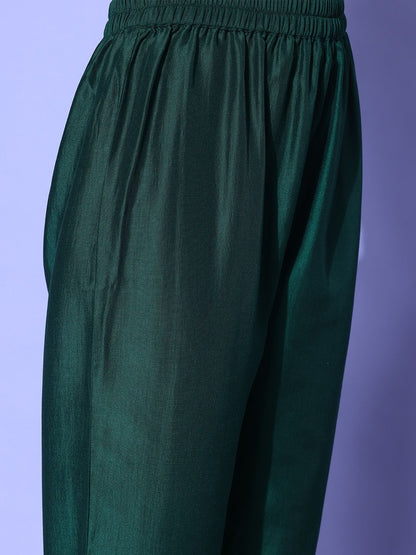 Dhiyona VA Women'sGreen Zari Embroidered Flared Sleeves Kurta with Trouser & Dupatta