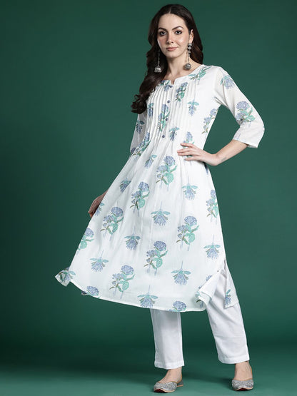 Dhiyona IE Floral Printed Pleated Pure Cotton Kurta with Trousers