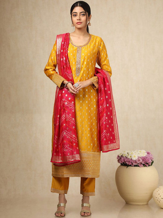 Dhiyona SO Women's Floral Embroidered Scoop Neck Sequinned Chanderi Cotton Kurta With Trousers & Dupatta