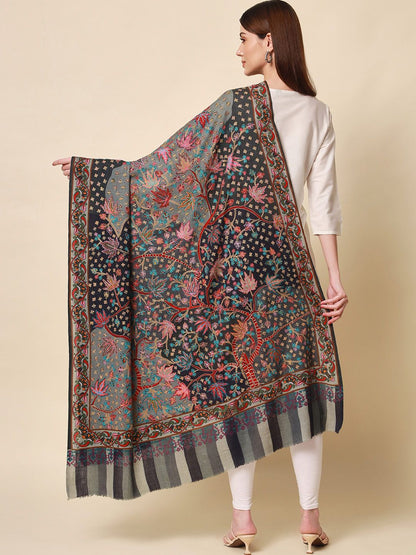 Dhiyona PA Women Grey Embroidered Pure Wool Shawl