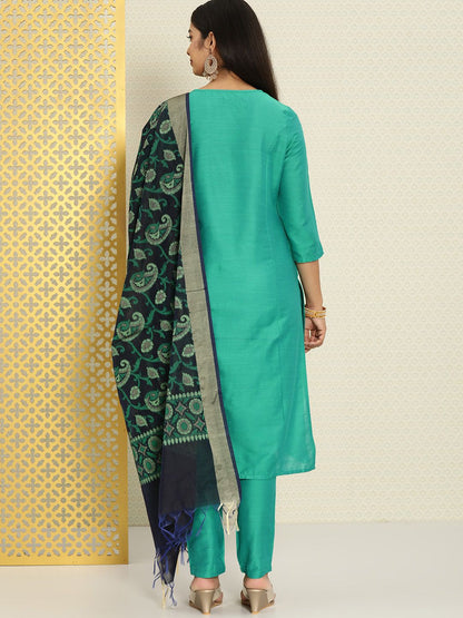 Dhiyona PD Women Women Blue Solid Pure Cotton Jashn Kurta with Trousers & Dupatta