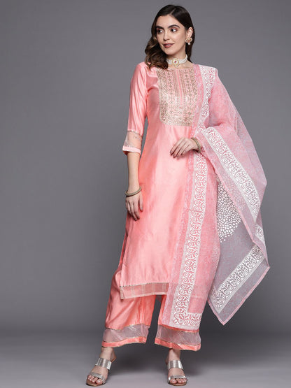 Women Ethnic Motifs Embroidered Sequinned Liva Kurta With Palazzos & With Dupatta