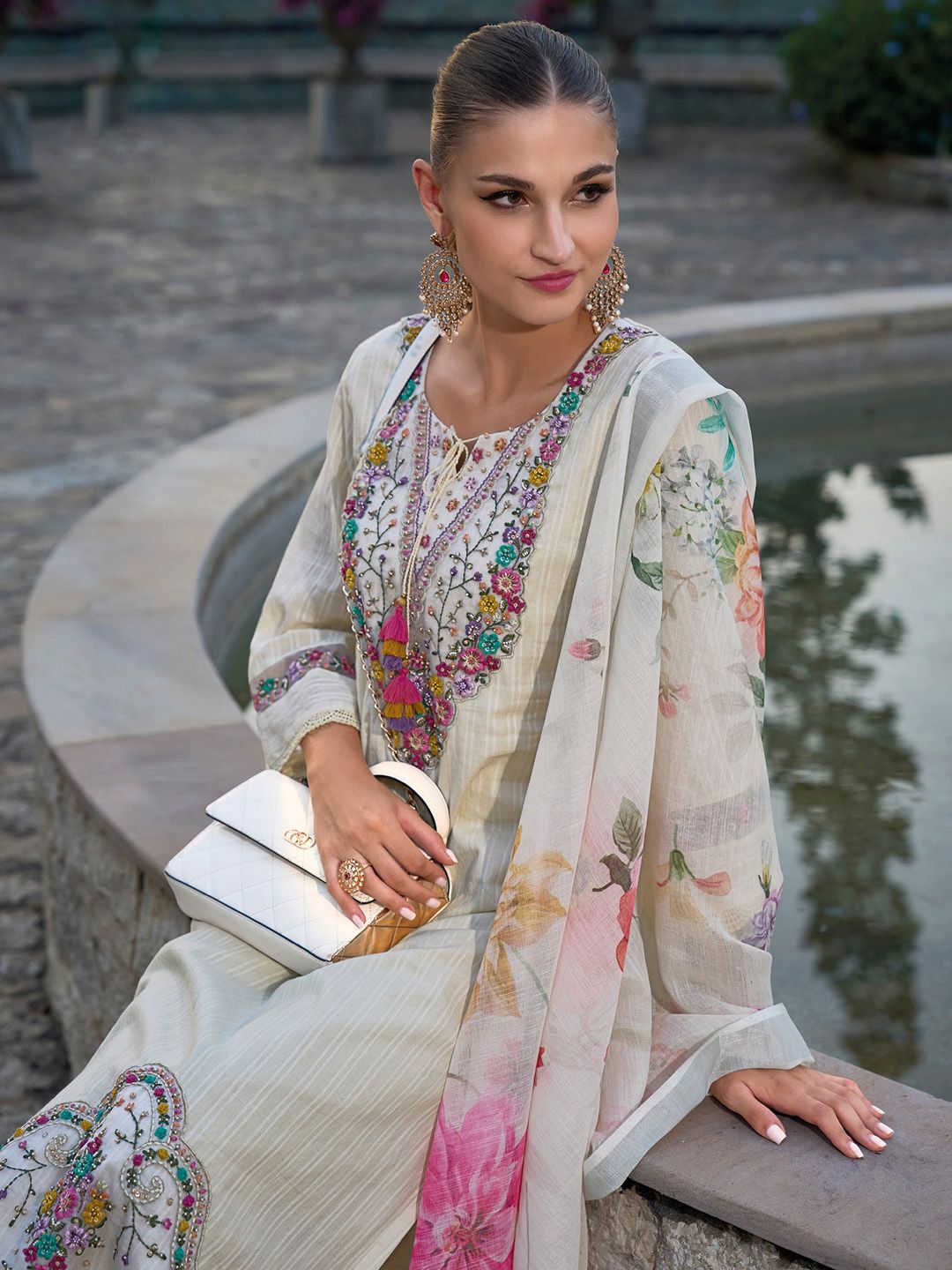 Floral Embroidered Round Neck Pure Cotton Straight Kurta with Trousers & Dupatta