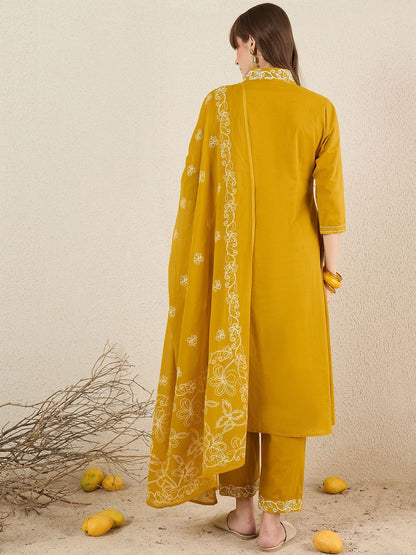 Dhiyona IE Women Solid Embroidered Cotton Kurta with Trousers & Dupatta