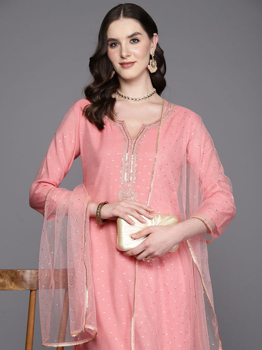 Dhiyona IE Embroidered Regular Sequinned Chanderi Silk Kurta with Trousers & Dupatta