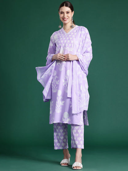 Dhiyona IE Floral Printed Sequinned Pure Cotton Kurta With Trousers & Dupatta