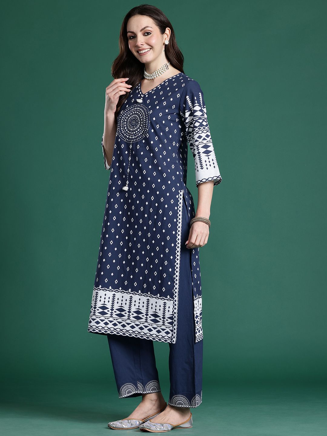 Printed Mirror Work Pure Cotton Kurta with Trousers & With Dupatta