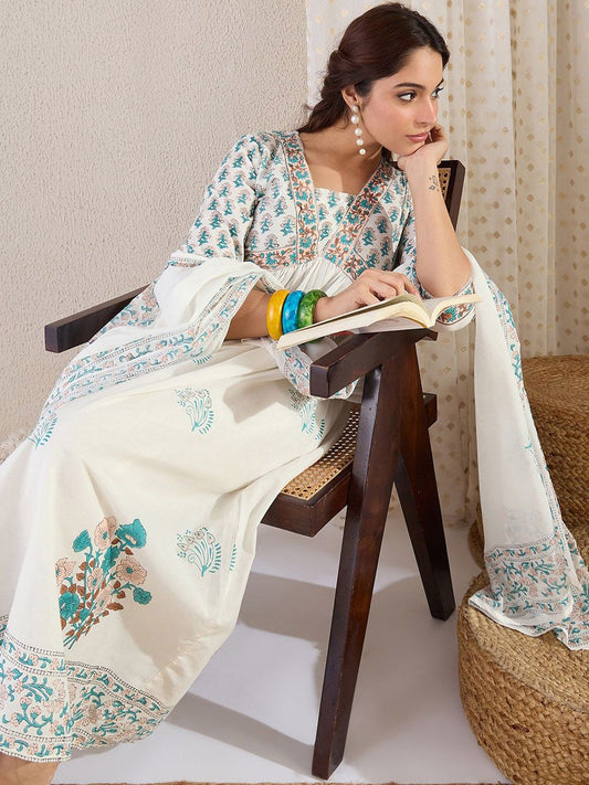 Dhiyona IE Floral Printed V Neck Empire A Line Pure Cotton Kurta With Trousers & Dupatta