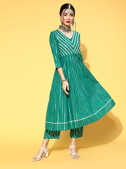 Dhiyona VA Women's Green & Silver Striped Gotta Patti Kurta Set