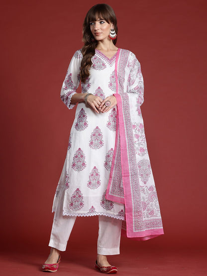 Dhiyona IE Floral Printed Sequinned Pure Cotton Kurta with Trousers & With Dupatta