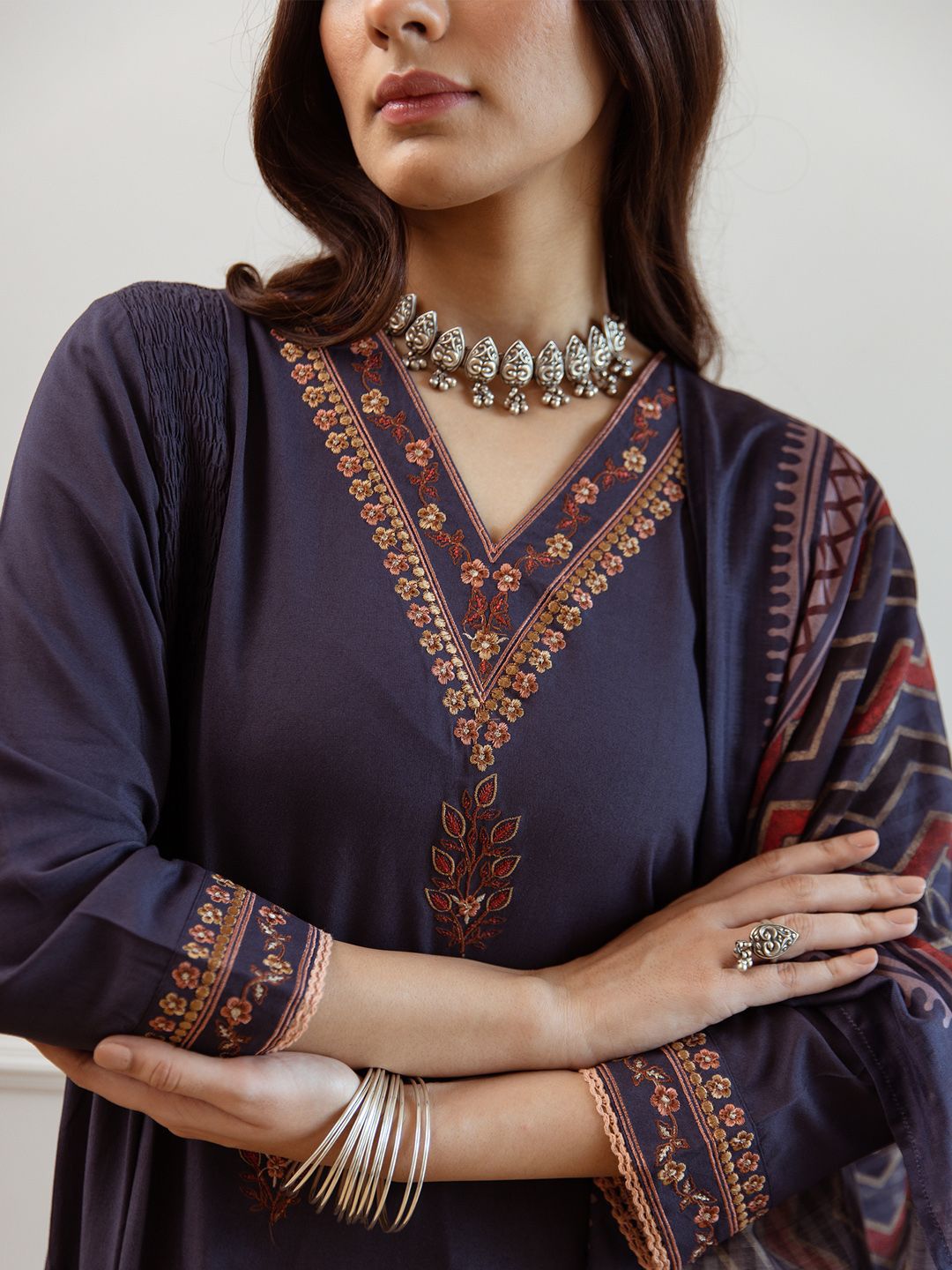 Women Ethnic Motifs Embroidered Regular Thread Work Kurta with Trousers Dupatta